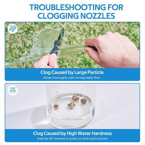 Troubleshooting guide for clogging nozzles in Outdoor Misting Cooling System Kit With 27 Brass Nozzles And Three Quarters Inch Brass Adapter, 98 Feet Long, Pre Assembled For Patio, Backyard, Garden And Greenhouse, Delivers Fine Mist To Beat The Summer Heat. Includes steps for large particle clogs and high water hardness clogs.