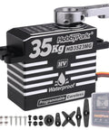 Waterproof And Beefy 35Kg High Torque Coreless Servo With Metal Gear In Durable Aluminum Shell for RC vehicles, parts shown
