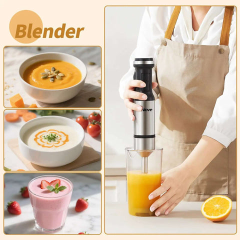 Workhorse 800 Watt Corded Handheld Stick Blender With Five Piece Kitchen Bundle featuring a person blending soup in a jug.