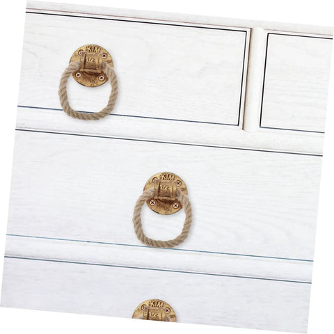 Rustic Rope Drawer Pull Handle In Black Metal For Cabinets And Dressers, Twisted Jute Rope Cupboard Ring Knob installed on white drawers