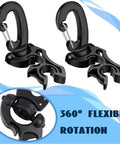 Two black clips from the Six Piece Dive Double Hose Clip Set For Scuba Snorkeling Gear Durable BCD Hose Holder Clips With Snap Hook Buckles.