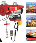 850 Watt Electric Hoist Cranes With Wired Remote For Heavy Lifts Up To 880 Lbs Waterproof Wireless Control and detailed view of red hoist.