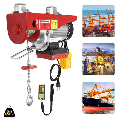 850 Watt Electric Hoist Cranes With Wired Remote For Heavy Lifts Up To 880 Lbs Waterproof Wireless Control and detailed view of red hoist.