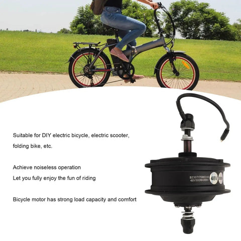 Rear Drive 48V 500W Brushless Gear Hub Motor For E Bike Conversion, Commuting And Off Road Upgrades showcased beside a folding bike in use.