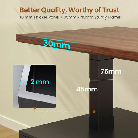 Close-up of 30mm thick wood panel and steel leg for Farmhouse Electric Standing Desk With 63 Inch Long Workstation Height Adjustable Sit Stand Desk With 3 Drawers Storage Shelves Power Outlets CPU Stand Wood Home Office Desk For Work Study Writing Black.