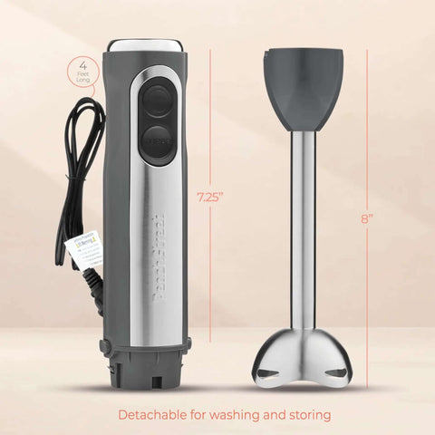 500 Watt Electric Hand Blender With Turbo Boost And Sharp Stainless Steel Blades For Smoothies Soups Purees And Baby Food Detachable Base Grey showing 7.25 inch body and 8 inch blending head.