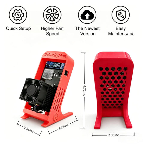 Open Source Bitcoin Miner 1.2 THs Quiet Home Solo Mining Rig With BM1370 ASIC Ultra Low 18W Power 2.4G WiFi Easy Setup Includes Power Supply And Red Stand For Education Or DIY Mining, red desk stand