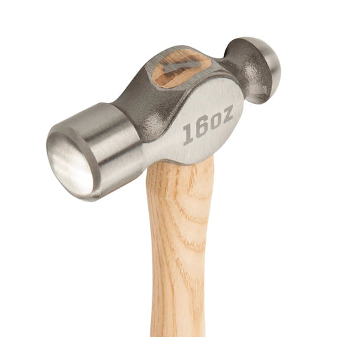 Close-up of Sure Strike Ball Peen Hammer 16 Oz Beefy Heavy Duty Metalworking Tool with forged steel head and hickory wood handle.