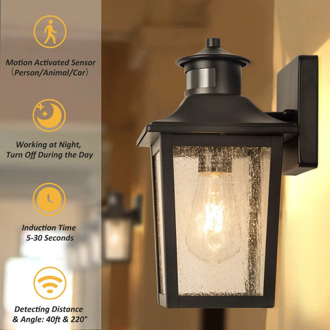 Smart Motion Sensor Outdoor Wall Light Dusk To Dawn LED Waterproof Exterior Fixture For Porch Patio Garage, black, glowing light.