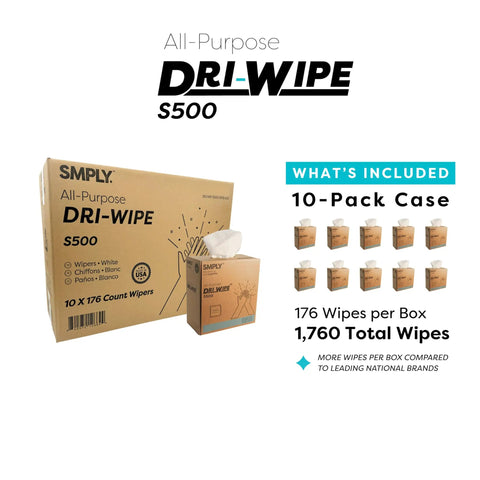 Dri-Wipe S500 All-Purpose Disposable Wipes, 176 Per Box, 10 Boxes, Center-Pull 8 By 12 Inch Sheets packaging and 10-pack case