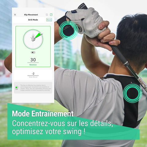 Golfer using SwingMotion Golf Swing Trainer And Analyzer With Dual Wearable IMU Sensors for 3D swing analysis app screen visible.