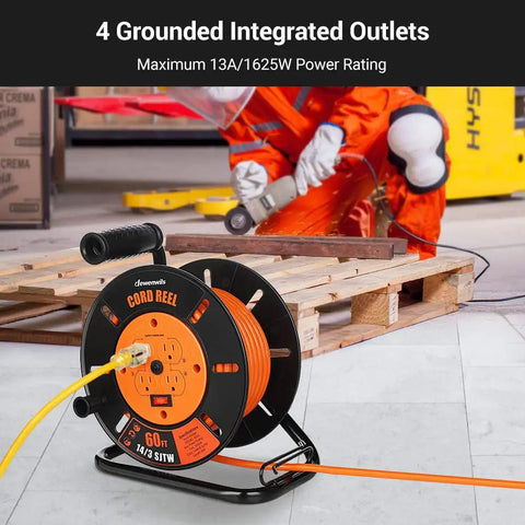 Heavy Duty Retractable Sixty Foot Extension Cord Reel With Metal Stand for Indoor Outdoor Garage Workshop and Backyard