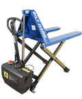 Heavy Duty Semi Electric High Lift Scissor Pallet Jack 3300 Lbs Capacity side view with blue platform and hydraulic motor.