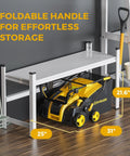 Electric Lawn Dethatcher And Scarifier 16 Inch Wide, 15 Amp Corded Power Rake And Aerator stored on shelf with tools