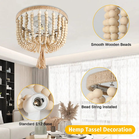 Wood Beaded Chandelier Boho Farmhouse Semi Flush Mount Ceiling Light Fixture With 3 Light E12 Base, wooden beads and hemp.