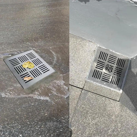 Smooth Operator 304 Stainless Steel Square Shower Drain Cover And Yard Catch Basin Grate with leaves and water drainage.