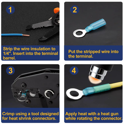 All-In-One 125 Pcs Heat Shrink Ring Wire Connectors With Crimping Tool Waterproof Automotive And Marine Electrical Terminal Kit Insulated Crimp Connectors For No-Fuss Quick Wiring On Any Project usage steps.