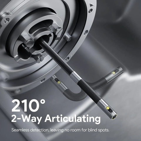 Dual Lens 210 Degree Articulating Endoscope With 4.5 Inch Screen 10 Foot Flexible Borescope Camera inserted in metal pipe