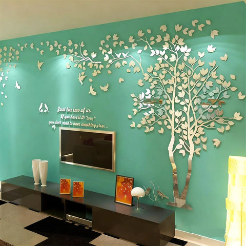 DIY 3D Tree Of Life Wall Art Decals In Silver Large Family Tree Mural for Living Room with TV backdrop and acrylic pieces