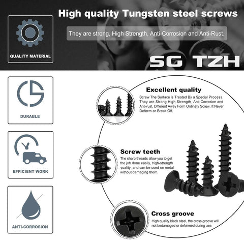 High quality Tungsten steel screws with sharp threads, shown in a circular layout, highlighting durable and anti-corrosion features.