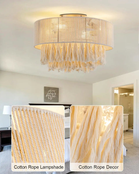 XINGSIYUELYX Ceiling Fan with Light featuring a gold cotton rope lampshade, elegant design perfect for home decor.