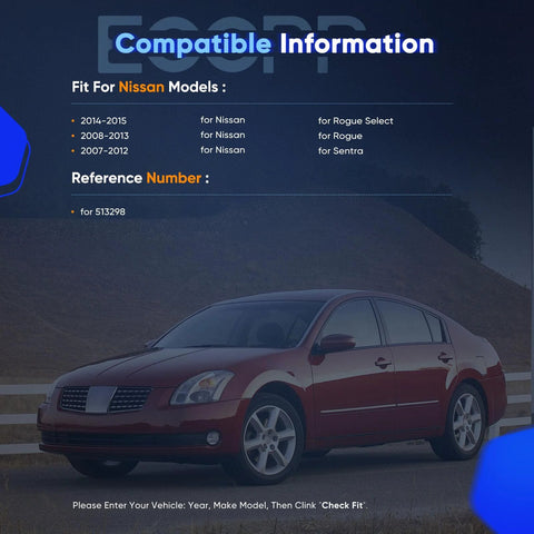 Car with text overlay detailing compatibility of Front Wheel Hub Bearing Assembly With ABS 5 Lug For Nissan Rogue 2008 To 2013, Rogue Select 2014 To 2015, Sentra 2007 To 2012, Renault Koleos 2009, OE 513298 Pair Ready To Roll