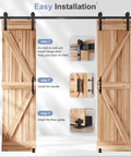 Rock Solid Eight Foot Double Sliding Barn Door Track Hardware Kit With Straight Pulley and Hella Smooth Quiet Rollers installation steps showing track and doors.