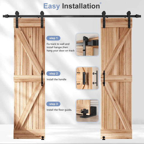Rock Solid Eight Foot Double Sliding Barn Door Track Hardware Kit With Straight Pulley and Hella Smooth Quiet Rollers installation steps showing track and doors.