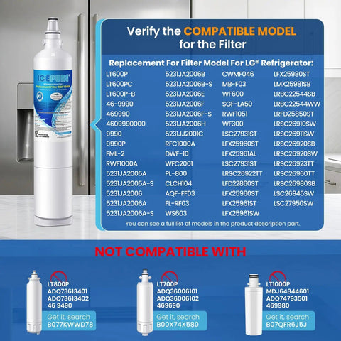 Compatibility chart for 3 Pack Refrigerator Water Filter Replacement For RWF1000A 5231JA2006A 5231JA2006B Easy Swap Compatible With LG LT600P Kenmore