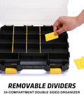 Hand placing a yellow divider into a Dual Sided Tool Organizer Case With Impact Resistant Plastic 34 Compartment Hardware Box.