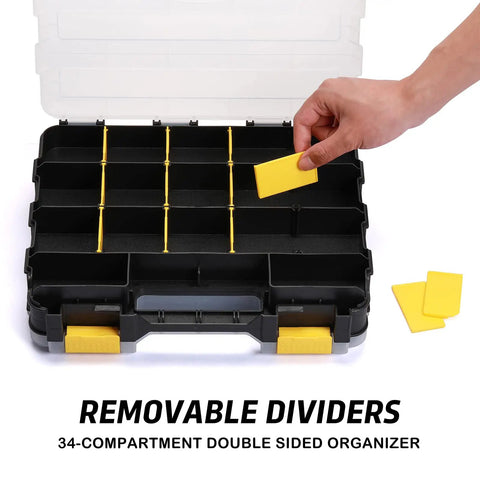 Hand placing a yellow divider into a Dual Sided Tool Organizer Case With Impact Resistant Plastic 34 Compartment Hardware Box.