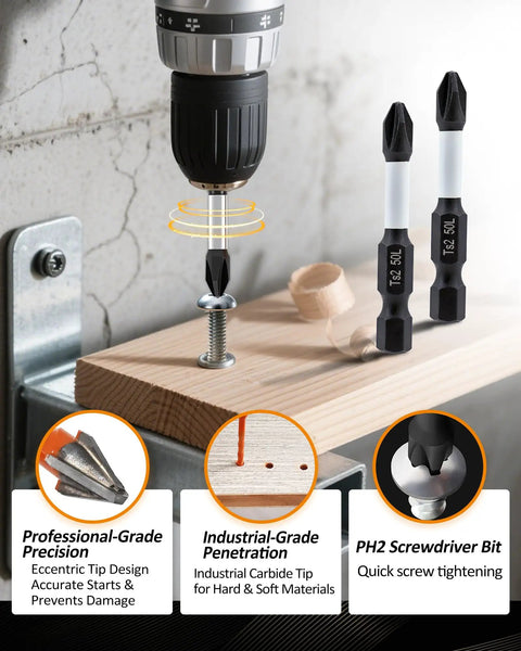 Tough As Nails Workhorse Masonry Drill Bit Set 10 Piece Carbide Kit with PH2 screwdriver bit for precise screw tightening.