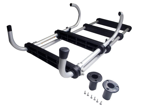 Removable Folding 5 Step Pontoon Boat Ladder With Anodized Aluminum Tubing Built Tough And Holds Up To 300 Lbs Stows Easily On Deck With Rail Mount Clips For Quick Access And Compact Storage, folded