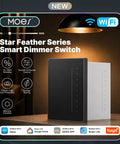 Slick Smart WiFi Dimmer Switch Offering Full Screen Touch And Air Gesture Control Neutral Wire Required Anti Glare White Panel in black and white.