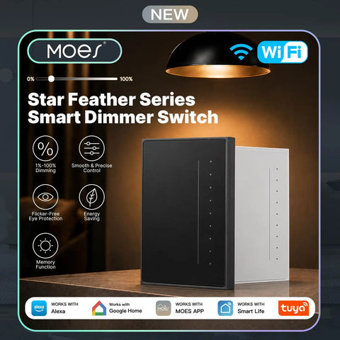 Slick Smart WiFi Dimmer Switch Offering Full Screen Touch And Air Gesture Control Neutral Wire Required Anti Glare White Panel in black and white.