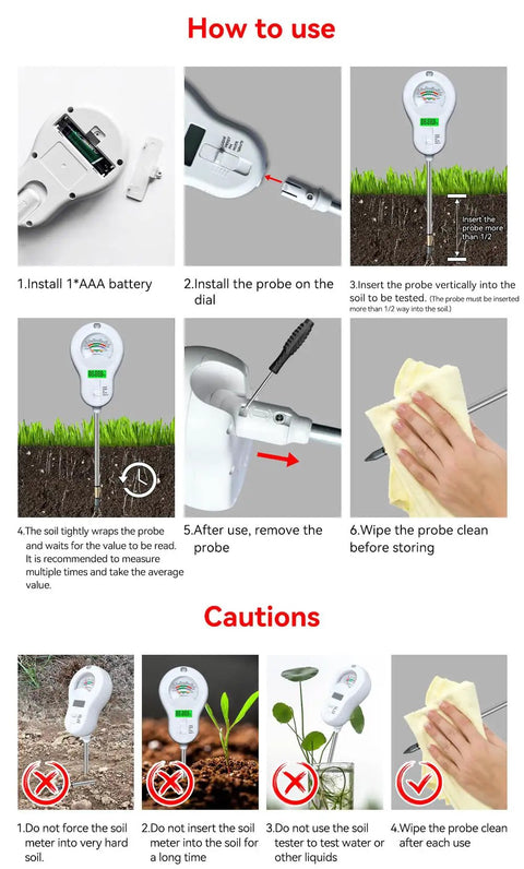Instruction guide for All In One Garden Sensor With Removable Probe For Soil Moisture And PH Testing Plus Fertility, Sunlight Intensity, Temperature And Humidity Readouts For Gardens, Lawns And Farms AAA Battery Included.
