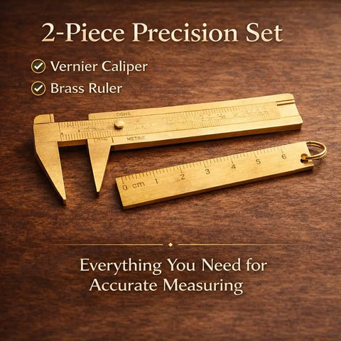 Brass Mini 80mm Double Scale Caliper Handy Portable Sliding Gauge For Gemstones And Jewelry Making Bead Measuring Tool Includes 60mm Brass Ruler Vintage Style No Battery Needed Lightweight Pro Grade And Durable on wooden surface.