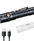 Beast 3000 Lumen Rechargeable Tactical Flashlight with USB C Dual Switches, USB-C cable, and storage case.