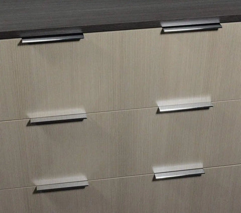 Edge Pull Cabinet Handle Polished Chrome Six Inch Projection Five And One Eighth Inch Mounting Centers on drawers