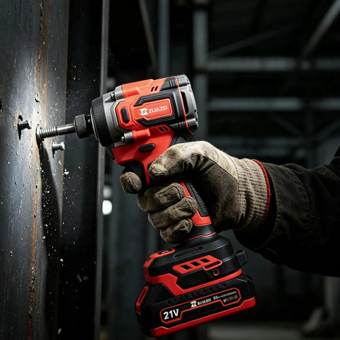 Top Shelf 21V Brushless Cordless Drill And Impact Driver Combo in use, gripping handle while driving a screw into metal.