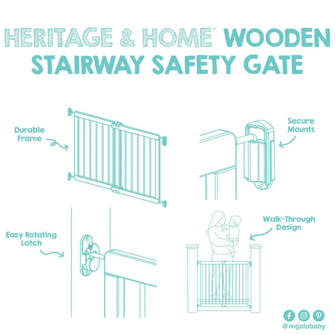 Wooden Baby Gate 23.5 To 42 Inches Walk Through Stair Gate For Doors Toddlers And Pets Kid Proof Easy Install infographic