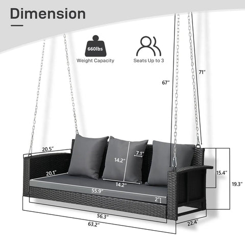 5 Foot Outdoor Porch Swing For Adults Wicker 3 Person Patio Swing With Cushions And Pillow Reinforced Chain Suspension With Gourd Clasp