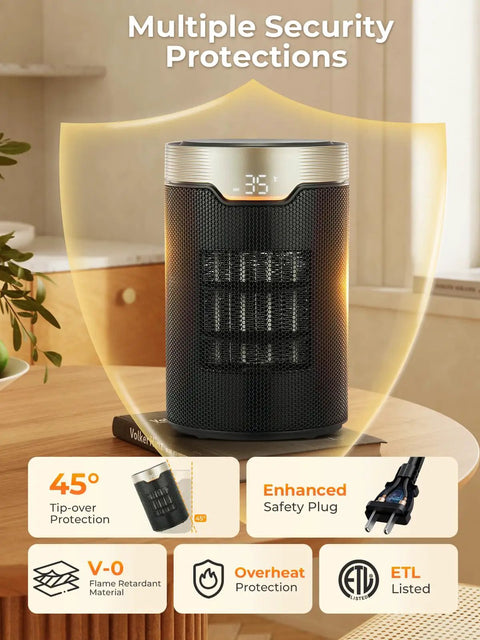 ETL Certified 1500W PTC Space Heater with Thermostat on desk, showing touch display and safety features, black color