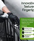 Inspire heavy-duty black nitrile gloves on hands gripping a railing with a spray bottle.