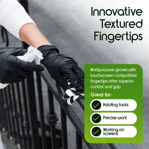 Inspire heavy-duty black nitrile gloves on hands gripping a railing with a spray bottle.