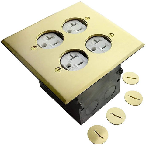 Screw Cap Floor Box Kit For Raised Floors 5x5 Inch 2-Gang Receptacle, 20A Tamper-Resistant, Weatherproof And Watertight Gasket, UL Listed Brass