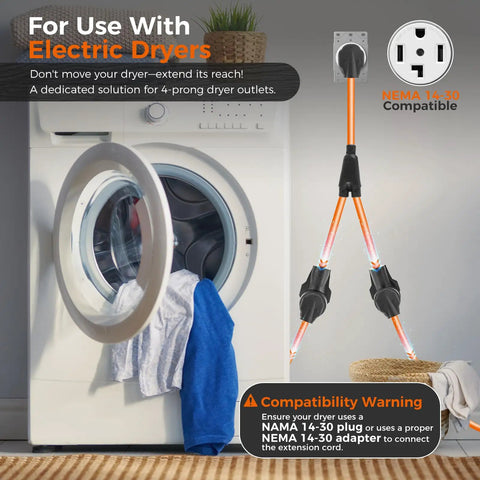 NEMA 14-30P To 14-30R And 14-50R Splitter Cord with electric dryer setup, 30 Amp dual outlet adapter for home use.