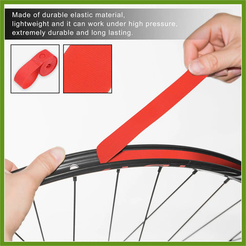 Red PVC Rim Tape For Bikes, 700C 27 Inch Wheel Rim Strip Liner Inner Tube Protection Band being installed on black bike rim