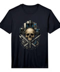 Cool Machinist Gift For Him! Performance CNC Tool Vise Gauge Square Tee features skull and gears design on black fabric.