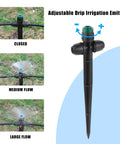 Adjustable drip irrigation emitters showing closed, medium, and large flow settings with 6.5 inch stake and quarter inch tubing.